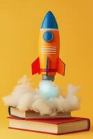 AI generated toy rocket launches from the books and begins to spew smoke photo