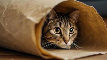 ai generado un juguetón gato con sorprendentes ojos echar un vistazo fuera desde dentro un rodar de marrón papel foto