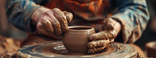 AI generated Dirty male hands sculpt mug with ceramic clay on potter's wheel photo