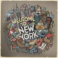 Cartoon cute doodles hand drawn Welcome to New York inscription vector