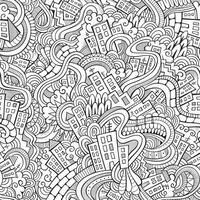 Cartoon vector doodles hand drawn town. seamless pattern