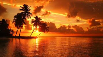 AI generated Palm trees on the beach at sunset. Beautiful tropical background. photo