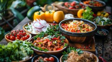 AI generated Spicy salad in wooden bowl with fresh vegetables on table photo