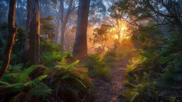 AI generated Sunrise in a misty forest with trees and ferns photo