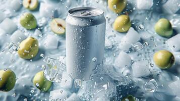 AI generated Aluminum soda can with ice cubes and green apples on water background photo