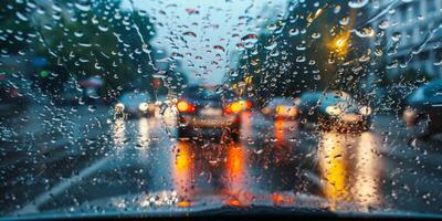 ai generado lluvia gotas en el coche parabrisas en el ciudad a noche, resumen antecedentes foto