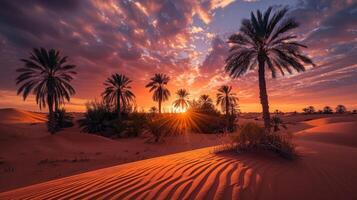 ai generado puesta de sol terminado Desierto con palma arboles y arena dunas foto