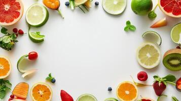 AI generated Frame made of different fresh citrus fruits on white background, top view photo