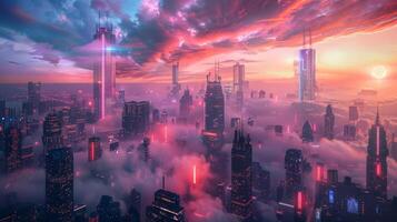 ai generado futurista ciudad en el nubes foto