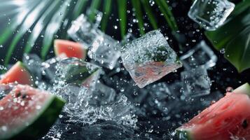 AI generated Watermelon with ice cubes on black background photo