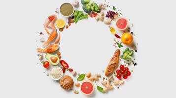 AI generated Healthy food background with copy space. Top view of fresh vegetables, fruits, fish, nuts and spices arranged in circle shape on white background photo