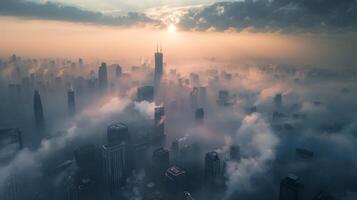 AI generated Aerial view of beautiful skyscrapers in the fog at sunset photo