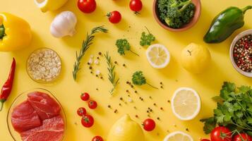 AI generated Top view of fresh healthy food on yellow background photo