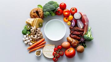 AI generated Healthy food concept. Top view of a lot of healthy food on white background. photo