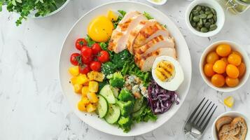 AI generated Healthy salad with chicken breast, cherry tomatoes, cucumbers, red cabbage, pumpkin seeds, quail eggs and microgreens on marble background photo