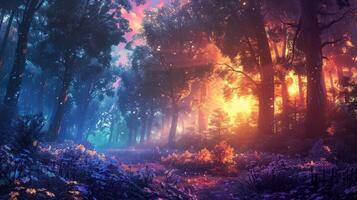 AI generated Fantasy forest with fog and sun rays. photo