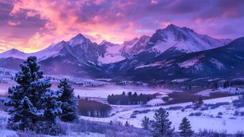 ai generado hermosa invierno paisaje. puesta de sol terminado el Nevado montañas. foto