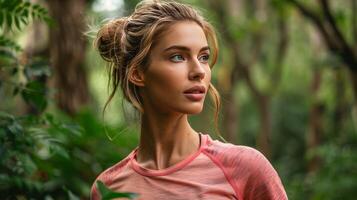 AI generated Beautiful woman in sportswear in forest photo