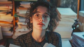 AI generated Beautiful young woman in glasses sitting in office. Business concept photo