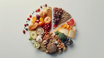 AI generated Top view of healthy food composition on white background. photo