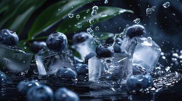 AI generated Blueberries frozen in ice cubes with drops of water on dark background photo