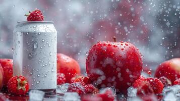 AI generated Can with fresh berries and apples. Mokup photo