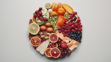 AI generated Healthy food concept. Fruits and vegetables arranged in circle shape photo