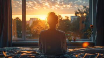 AI generated Young woman sitting on the bed and looking out the window at sunset photo
