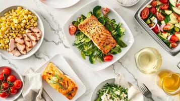 AI generated Delicious grilled salmon with salad on white marble table, top view photo