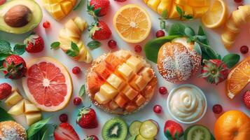 AI generated Variety of fruits and berries on a white background, top view photo