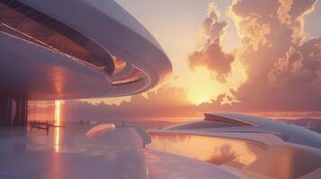 ai generado futurista edificio en el mar a puesta de sol. foto
