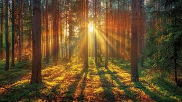 ai generado puesta de sol o amanecer en un pino bosque con rayos de ligero paso mediante el arboles foto