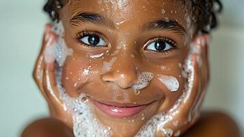 ai generado joven africano americano niña tomando un ducha foto