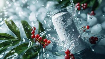 AI generated Soda can with red currant splashing in water photo