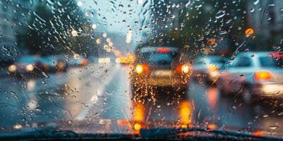 AI generated Raindrops on the windshield of car photo