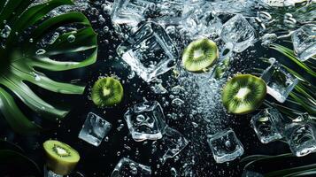 AI generated Falling ice cubes and fresh kiwi fruit on black background photo