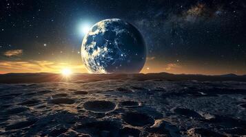 AI generated Fantasy landscape with planet and moon. photo