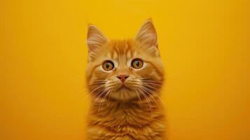 AI generated cute little orange cat on yellow background photo