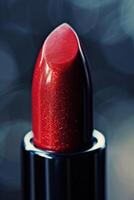 AI generated Red lipstick on dark background photo