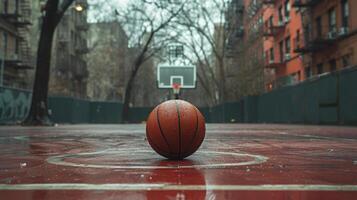 ai generado baloncesto todavía en el medio de un vacío ciudad baloncesto Corte foto