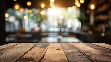 AI generated Wooden table blurred background of restaurant of cafe with bokeh photo