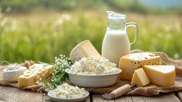 ai generado Leche y varios tipos de queso y cabaña queso en un de madera mesa en un granja en contra un campo, lechería granja productos foto