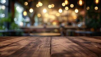 AI generated Wooden table blurred background of restaurant of cafe with bokeh photo
