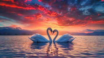 AI generated Two swans making a heart shape at sunset forming a pattern of love photo