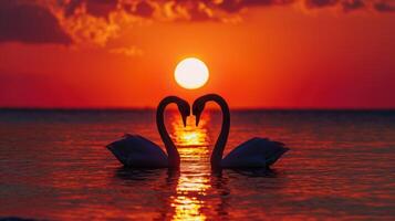 AI generated Two swans making a heart shape at sunset forming a pattern of love photo