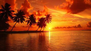 AI generated Tropical beach at sunset with palm trees and reflection in water photo