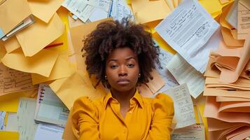 AI generated African american office worker lying on pile of papers photo