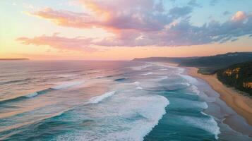 AI generated Aerial view of beautiful sunset over the ocean with waves crashing on the shore photo
