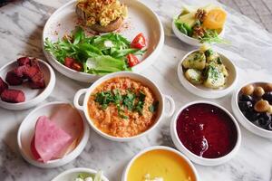 top view of turkish breakfast on table photo