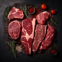 AI generated A set of juicy raw steaks and meats with spices and herbs. On a dark background. Flat lay photo